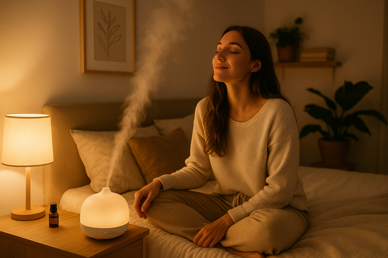 A young woman relaxing in her cozy bedroom, enjoying the soft mist from a portable air humidifier with essential oils. Warm ambient lighting, gentle vapor rising, peaceful atmosphere, modern minimalist decor, focus on comfort and relaxation.