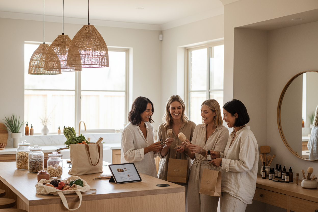 Crete a real life cozy photo of a modern home: kitchen with eco tools, warm lighting, tech gadgets, and beauty items on a wooden vanity. Natural tones, and calm vibe. Lifestyle image showing women and lots of friends laughaing and shopping togheter